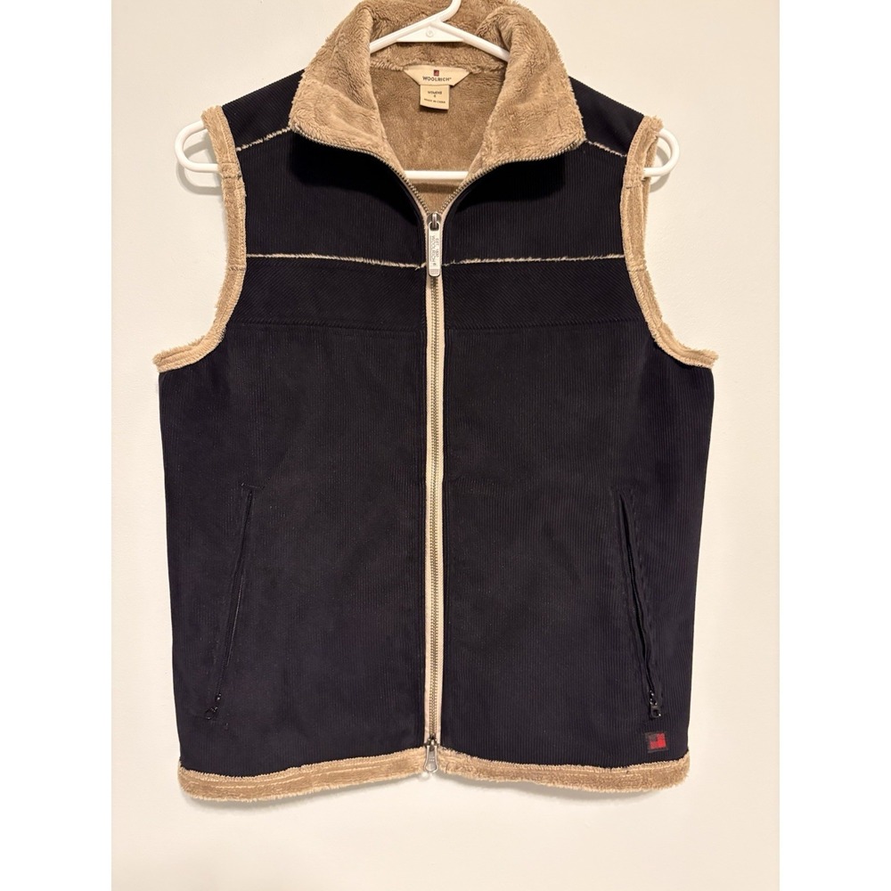 Woolrich Women's Black Corduroy/Tan Lined Full Zip Vest Pockets Size S Outdoor